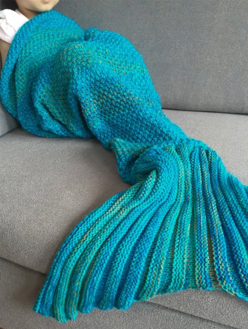 FEESHOW Mermaid Tail Blanket Handcrafted Crochet Knitting All Seasons Soft Sleeping Bag Rug for Toddler & Small Kids (Blue, 2-6 Years)