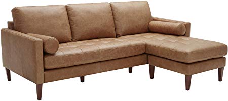 Rivet Aiden Mid-Century Leather Sectional with Tapered Wood Legs, 86"W, Cognac