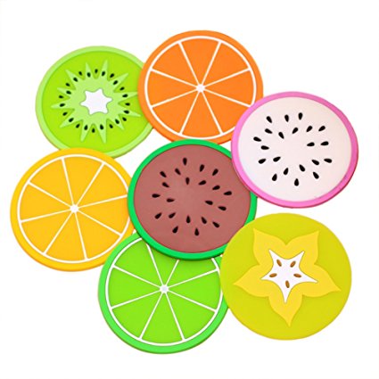 KAIL Set of 7 Silicone Fruit Slice Coasters, Drinks and Coffee, 3.5" Non-slip Unique Cup Mat Drink Placemat - CUTE & COLORFUL