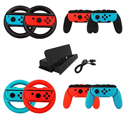 Jadebones 10 in 1 Nintendo Switch Accessory Kits Sets, Joy-Con Steering Wheel and Joy Con Grips Handle for Joy-Con Controller, Charging Dock Stand with Type C Cable for Nintendo Switch Console
