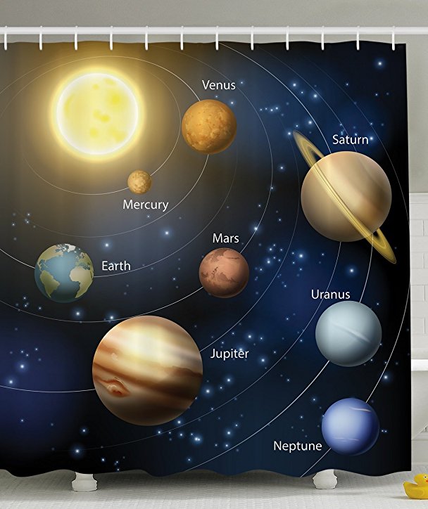 Ambesonne Art Decor Collection, Solar System Orbit the Sun with Names Of Planets Geography Educational Picture, Polyester Fabric Bathroom Shower Curtain Set with Hooks, Yellow/Black/Dark Blue/Brown