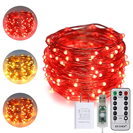 ErChen USB Dual-Color Led String Lights, 33FT 100 LEDs Color Changing Dimmable 8 Modes Copper Wire Fairy Lights with Remote Timer for Indoor Outdoor Christmas (Warm White, Red)