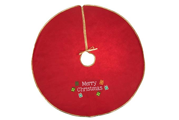 Gold Edged Merry Christmas Embroidered Tree Skirt by Clever Creations | Festive Red and White Design | Traditional Holiday Theme | Tie Closure | Helps Contain Needle and Sap Mess | 32” Diameter