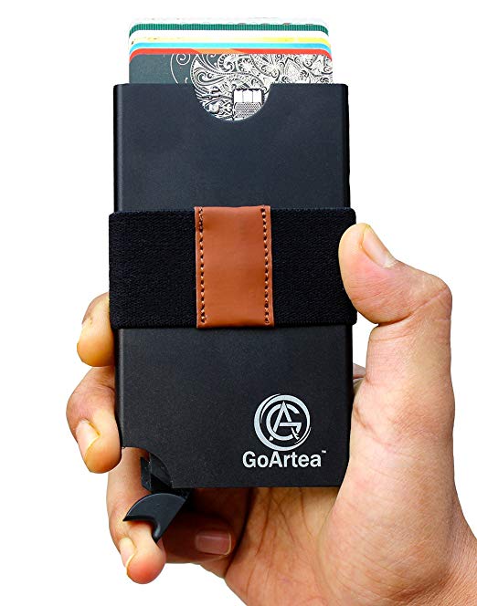 GoArtea️ Ultra Slim Smart Wallet Metal Card Case/Holder for Credit, ATM, Debit Card, RFID Secure, Anti-Theft, with Premium Leather Money Strap, Black Color for Men Women