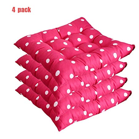 Dot Chair Pads with Ties (Set of 4) | 16" x 16" Square | Extra-Comfortable & Soft Seat Cushions | Ergonomic Pillows for Rocking, Dining, Patio, Camping, Kitchen Chairs & More (Hot Pink)