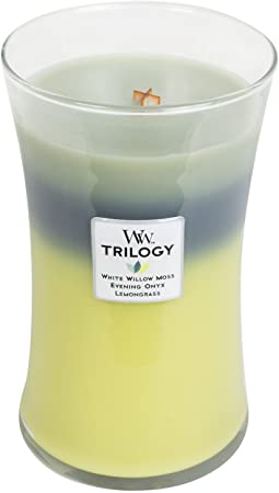 WoodWick Trilogy Woodland Shade, 3-in-1 Highly Scented Candle, Classic Hourglass Jar, Large 7-inch, 21.5 oz