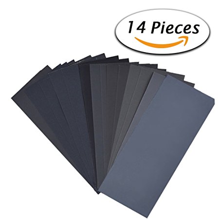 14Pcs Wet Dry Sandpaper 120 to 3000 Grit Assortment 9 3.6 Inches Abrasive Paper Sheets for Automotive Sanding, Wood Furniture Finishing, Wood Turing Finishing