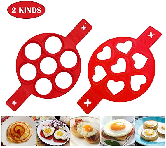 Omelette Mold,Pancake Mold Ring, 2 Silicone Pancake Molds; Reusable Silicone Non-Stick Pancake Machine Egg Ring for Egg Maker Makes Your Chef More Fun. (red)
