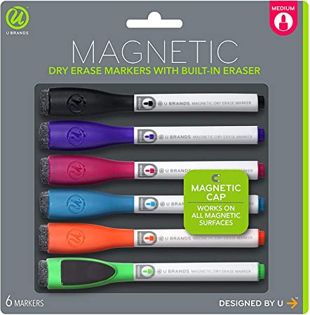U Brands Low Odor Magnetic Dry Erase Markers With Erasers, Medium Point, Assorted Colors, 6-Count - 520U06-24