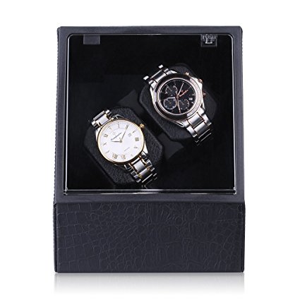 Excelvan Double Watch Winder Dual Automatic Watch Display Box Case Black Leather