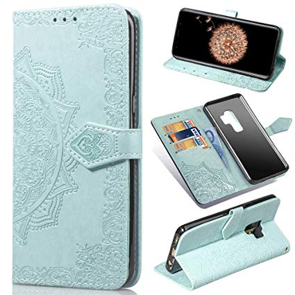 Aslim Samsung S9 Plus Case,Galaxy S9 Plus Case,Samsung S9 Plus PU Leather Wallet Embossed Mandala Floral Flowers Case with Kickstand Flip Cover Card Holder for Samsung Galaxy S9 Plus Mint