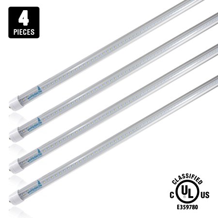 Hyperikon T8/T10/T12 LED Light Tube, 8FT, UL-Listed, 36W (75W equivalent), 5000K (Crystal White Glow), Clear Cover, Dual-Ended Power, 3800 Lumens - (Pack of 4)