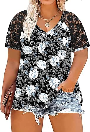 DOLNINE Plus-Size-Tops for Women Summer V Neck Casual Shirts Lace Short Sleeve Tees