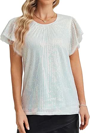 GRACE KARIN Women's Sparkly Sequin Tops Short Sleeve Glitter Dressy Blouses Round Neck Club Ruffle Party Tops