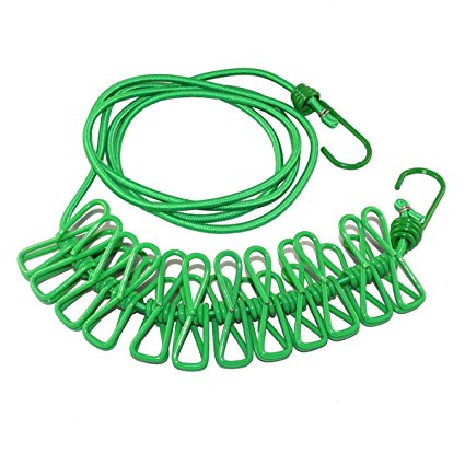 BINGONE Portable Travel Home Style Outdoor Windproof Clothesline with 12 pcs Clip (Green)