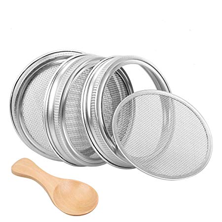 Sprouting Lids Stainless Steel for Wide Mouth Mason Jars 3 Pack, Bonus Organic Wooden Spoon, Seed Strainer Lid for Canning Jars - Grow Bean Sprouts, Alfalfa, Salad Sprouts and Broccoli
