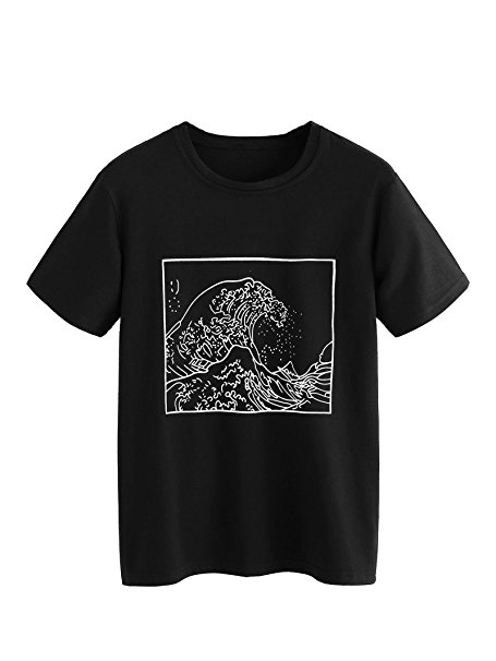 Romwe Women's Short Sleeve Top Casual The Great Wave Off Kanagawa Graphic Print Tee Shirt