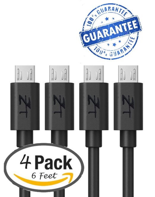 Zeal Tech 4-Pack Micro USB Cable 6 foot High Speed USB 20 A Male to Micro B Sync and Charge Cables Black 4 Pack