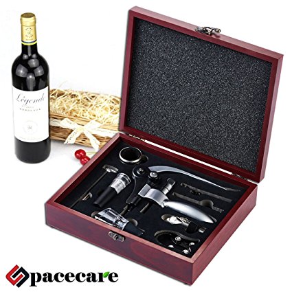SPACECARE Wine Opener Kit,Stainless Steel Red Wine Beer Bottle Opener Wing Corkscrew,aerator, Thermometer, Stopper, and Accessories Set with Dark Cherry Wood Case - 9 Piece