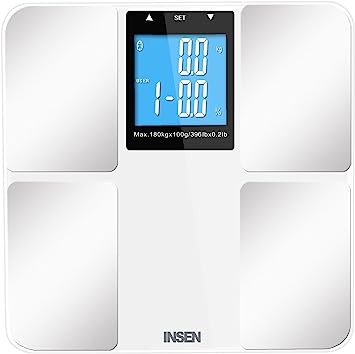 INSEN Precision Digital Body Fat Bathroom Scale, with Large LCD displayer, Smart Step-on Technology, Measures up to 7 Parameters Body Weight, BMI, Fat, Water, Calories, Muscle and Bone Mass, White