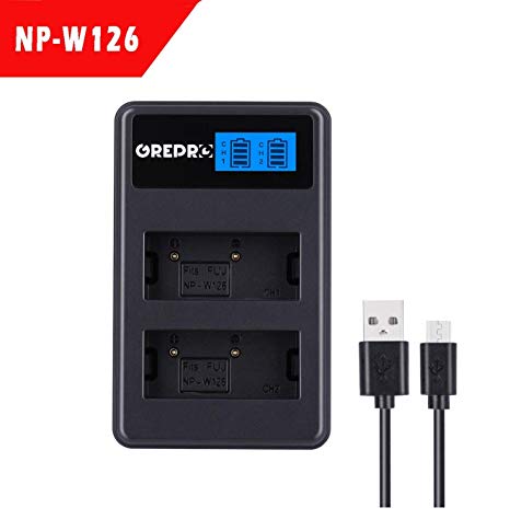 NP-W126S Camera Battery Charger Grepro Dual Slot Charger with LCD Display Charging for Fujifilm NP-W126S NP-W126, Fuji FinePix HS30EXR HS35EXR HS50EXR X-A1 X-E1 X-E2 X-M1 X-Pro1 X-T1 and More