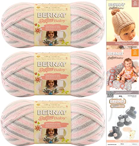 Spinrite Bernat Softee Baby Yarn 3-Pack Pink Flannel Bundle Includes 3 Patterns Pink Gray White