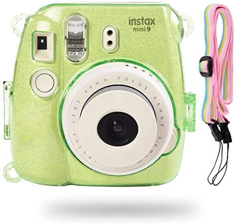 Katia Glitter Case Compatible for Fujifilm Instax Mini 9 / Mini 8 Instant Film Camera with Rainbow Strap (Lime Green)