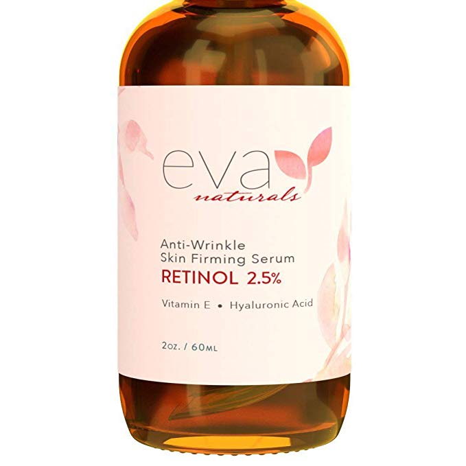 Retinol Serum 2.5% by Eva Naturals (2 oz, Double-Sized Bottle) - Best Anti-Aging Serum, Minimizes Wrinkles, Helps Prevent Sun Damage, and Fades Dark Spots - Vitamin A Retinol with Hyaluronic Acid