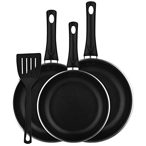 Cymas Frying Pan Set, 3-Piece Aluminum Nonstick Fry Pan, Saute Pan Set, Cookware Set with Silicone Spatula and Dishwasher Safe Pan Set 8"/10"/10.2", Black