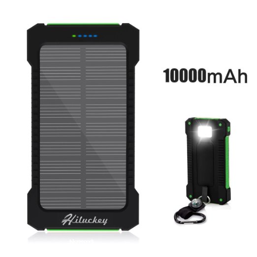 Solar Charger,Hiluckey 10000mAh Solar Power Bank Waterproof Portable Solar Panel Energy Rugged Shockproof Dual USB Port With LED Flashlight for iPhone, Android Smart Phone (Green)