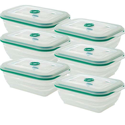 Collapse-it Silicone Food Storage Containers - BPA Free Airtight Silicone Lids, 6 Piece Set of 3-Cup Collapsible Lunch Box Containers - Oven, Microwave, Freezer Safe (Teal Rectangle)