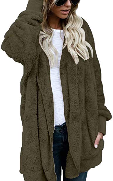 ThusFar Women Fuzzy Fleece Jacket Open Front Hooded Cardigan Coat Outwear Pockets