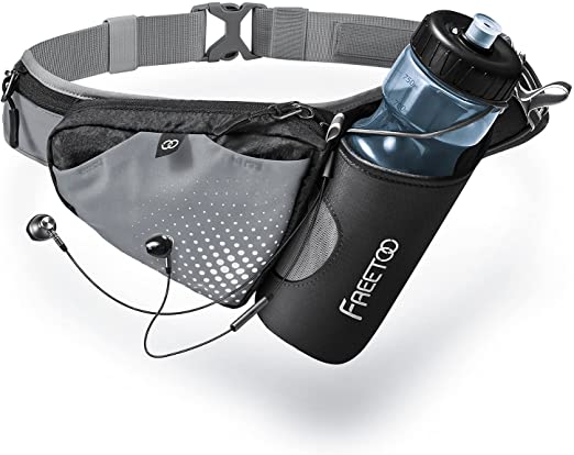 FREETOO Urtla-light Running Belt with 28oz Water Bottle Holder Running Hydration Belt Running Waist Pack with Large Pocket for phone up to 6.5" Running Water Bottle Holder for walking (Black-Gray)