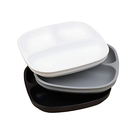 Re-Play Made in The USA 3pk Toddler Feeding Divided Plates with Deep Sides for Easy Baby, Toddler, Child Feeding - Black, Grey, White (Monochrome)