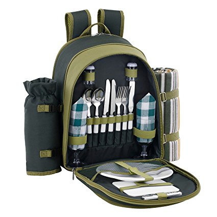 ALLCAMP 2 Person Blue Picnic Backpack Hamper with Cooler Compartment includes Tableware & Fleece Blanket (green)