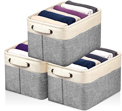 Kntiwiwo Storage Baskets for Closet Fabric Storage Bins for Shelves Decorative Storage Cubes with Handles for Home Closet Bedroom Nursery Organizer, Set of 3