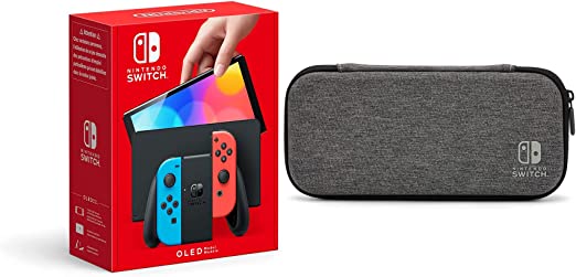 Nintendo Switch (OLED Model) - Neon Blue/Neon Red   PowerA Slim Case for Nintendo Switch or Nintendo Switch Lite - Charcoal