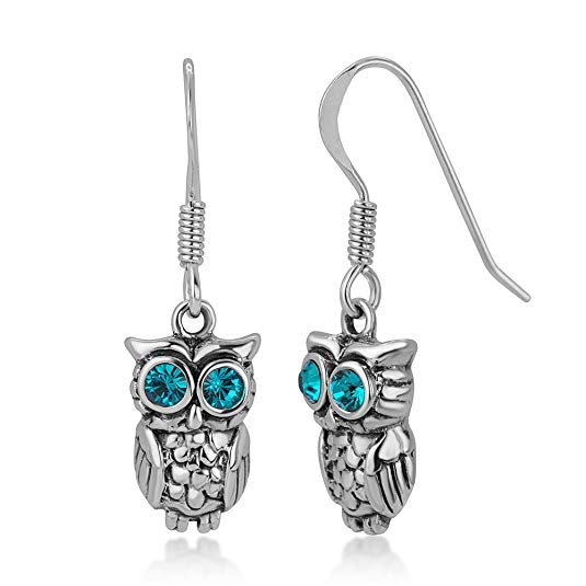 925 Oxidized Sterling Silver Greenish Blue Eye CZ Stone 2-D Wisdom Owl Dangle Hook Earrings 1.2"