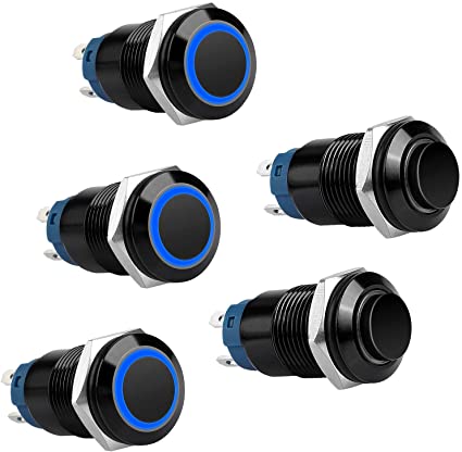 5PCS 12mm Latching Push Button Switch 5A 12V DC Pushbutton Switch 1NO1NC SPST ON/OFF Switch Black Metal Shell with Blue LED Ring Light, Waterproof Self-Locking Pushbutton Switch for 1/2" Mounting Hole