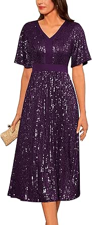 GRACE KARIN Women's Sequin V Neck Ruffle Sleeve Empire Waist Sparkly Glitter A Line Cocktail Formal Dresses