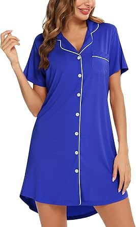 Samring Pajama Nightgown for Women Short/Long Sleeve Button Down Nightwear Top Boyfriend Sleep Shirts Nightdress S-XXL