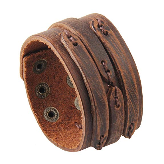 Jenia Adjustable Genuine Leather Bracelet Wide Brown Belt Cuff Bangle Handmade Jewelry for Men, Boy, Kids, Women