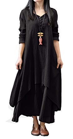 R.Vivimos Women Long Sleeve Cotton Casual Loose Plus Size Irregular Long Dresses