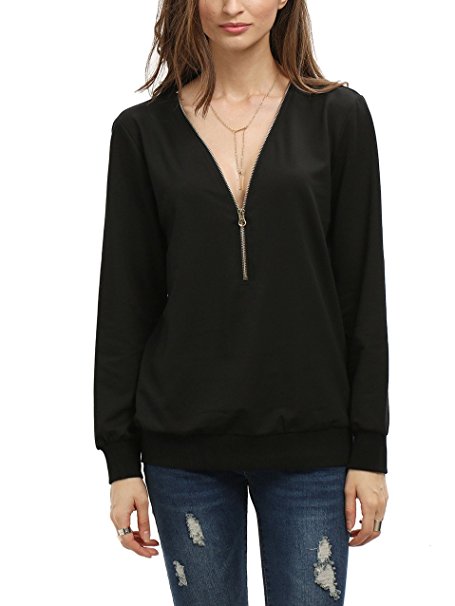 Romwe Women's Zipper V-Neck Sweatshirt