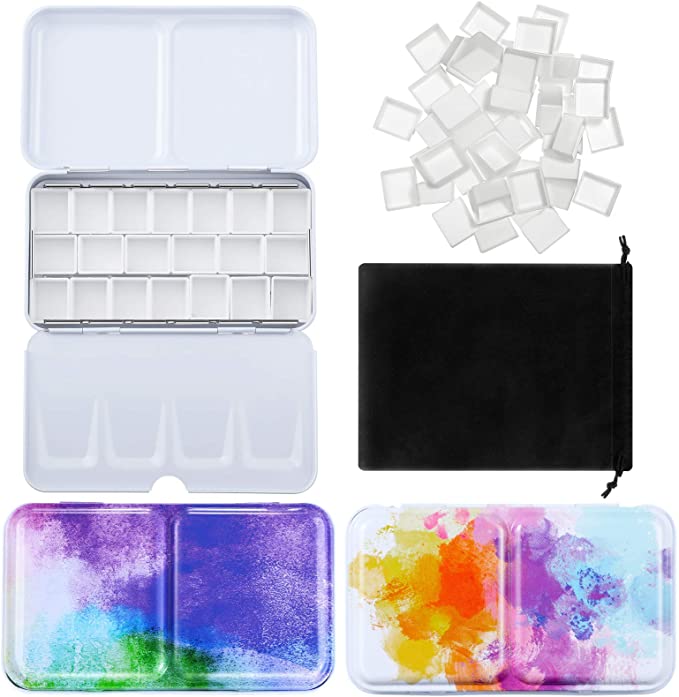 54 Pieces Watercolor Paint Palette and Half Pans Set, Colorful Watercolor Tin Box Metal Palette Paint Case with Lid Empty Watercolor Pans with Black Storage Bag (Chic Purple Color)