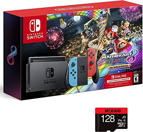 Nintendo 2021 Switch Console Family Holiday Bundle - Neon Mario, 6.2" Touchscreen LCD Display, Bluetooth   NexiGo_ 128GB MicroSD Card Bundle