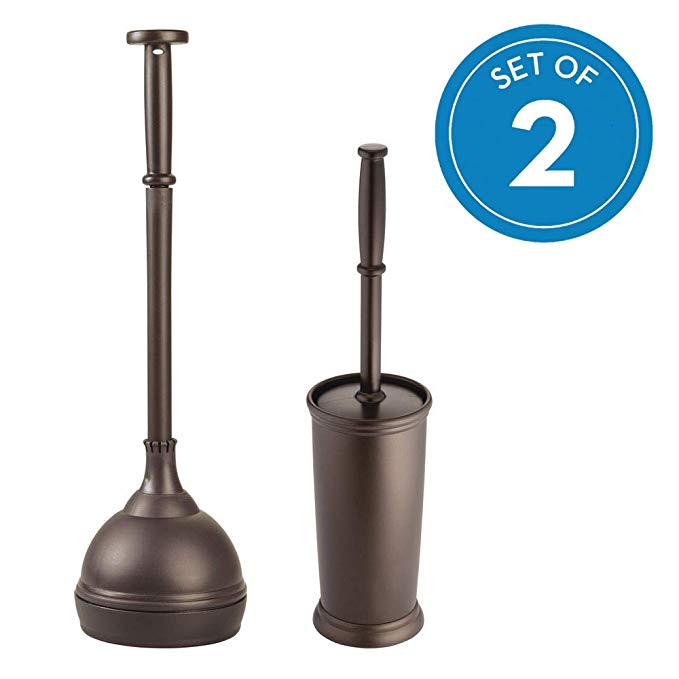 InterDesign Kent Plastic Toilet Bowl Brush and Plunger Set, Slim Combo Set for Cleaner Storage, Ideal for Master, Kids', Guest, Office Bathroom, 10.04" x 5.96" x 21.64", Bronze