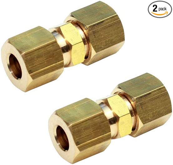 Ice Maker Water Line Brass Compression Tube Fitting, 1/4” OD x 1/4” OD (2)