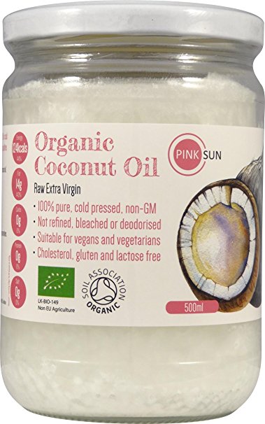 PINK SUN Raw Organic Extra Virgin 100% Pure Coconut Oil 500ml Glass Jar - Cold Pressed Unrefined (also available in 1 2 3 6 litre bulk quantities)