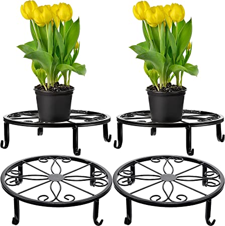 4 Pieces Metal Potted Plant Stand Round Iron Plant Holder Floor Flower Supports Holder Decorative Garden Pots Containers Stand for Home Garden Patio Planting Support (Black)